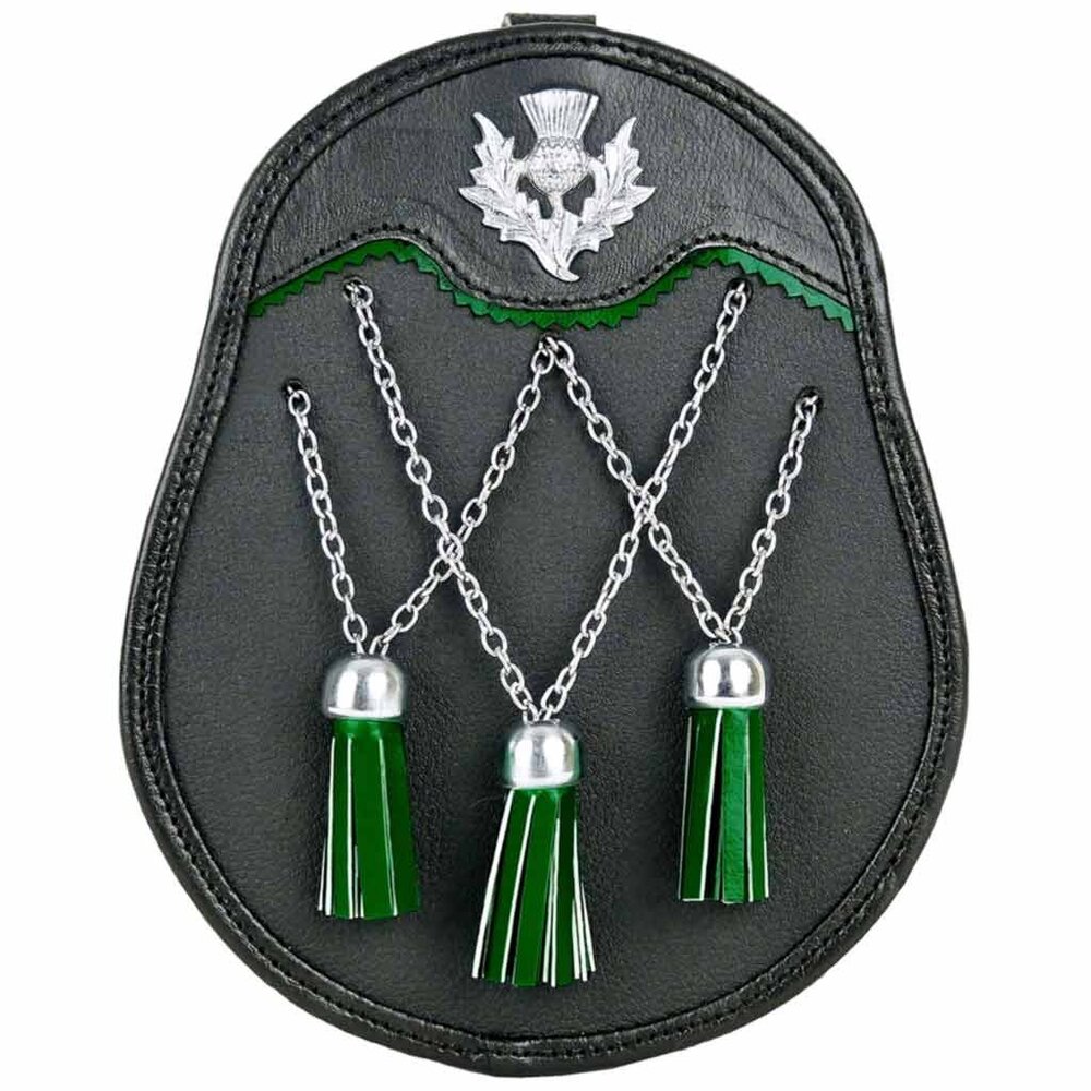 Scottish Men Leather Sporran with Thistle Mount Silver Chain Traditional Sporran